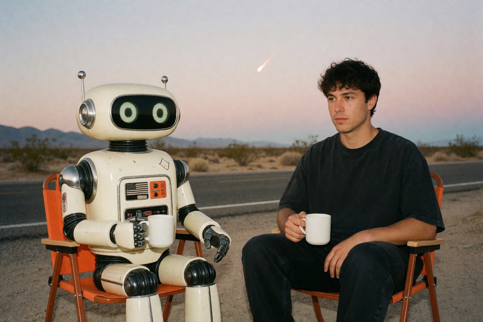 A fictional human and robot taking a coffee break